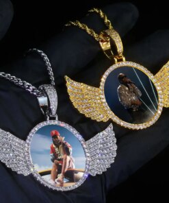 Hip Hop Jewelry 68mm Wing Circle Photo Pendant Bling Iced CZ Paved 18k Gold Plated Personalied Picture Pendant Necklace Custom