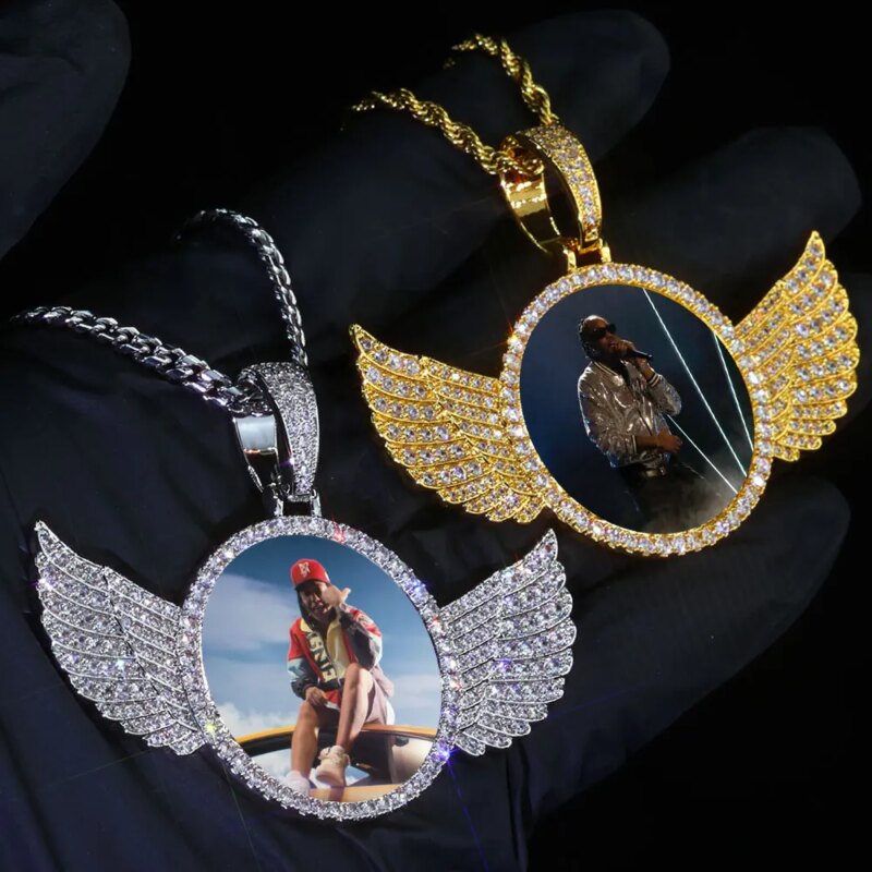 Best Jewelry Birthday Gifts for Son : Unique and Thoughtful Gift Ideas to Celebrate His Special Day Hip Hop Jewelry 68mm Wing Circle Photo Pendant Bling Iced CZ Paved 18k Gold Plated Personalied Picture Pendant Necklace Custom