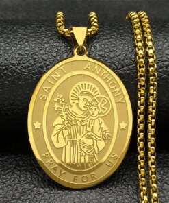 Jesus St. Saint Anthony Pray Us Pendant Necklace for Women Men Stainless Steel Gold Color Religion Medallion Chain Jewelry