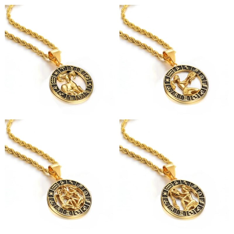 Scorpio Aries 12 Constellation Pendant Necklace Gold Color Stainless Steel Chain For Men Women Zodiac Jewelry Birthday Gift