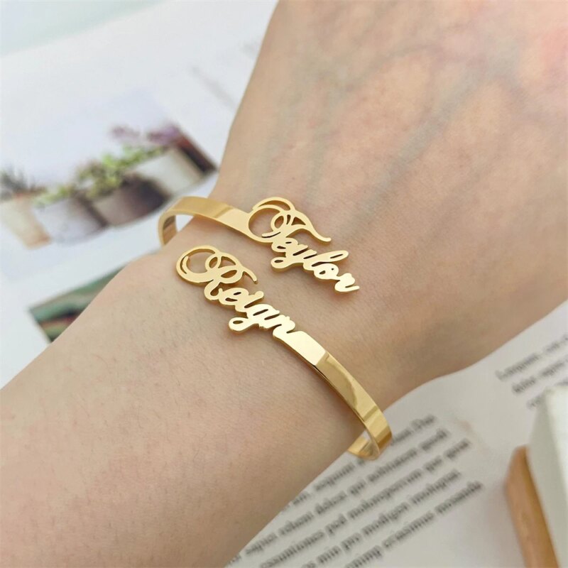 Vintage Jewelry Double Name Cuff Bracelets Stainless Steel Personalized Two Names Bangle Friendship Gift for Couples